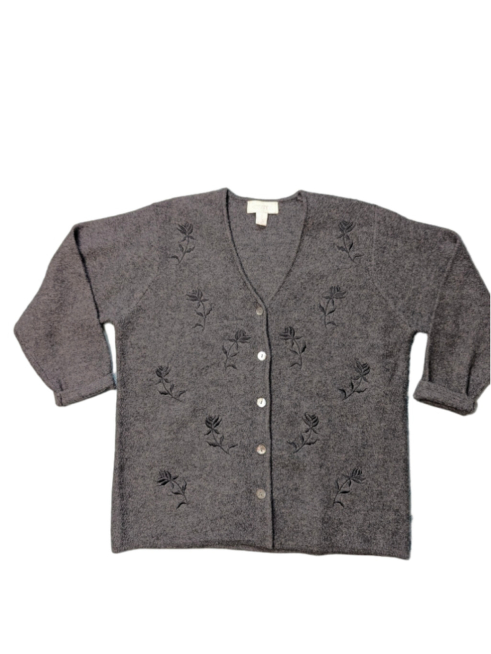 Vintage Rosanna Woman Embroidered Wool Knit Cardigan Sweater 1X Grey